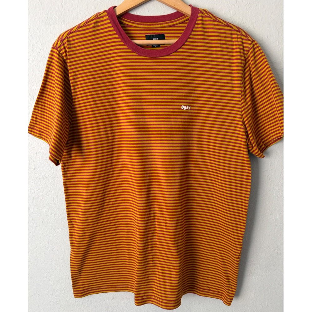 Obey Mens Striped Short Sleeve Logo T-Shirt Large Burgundy Skater Street Indie